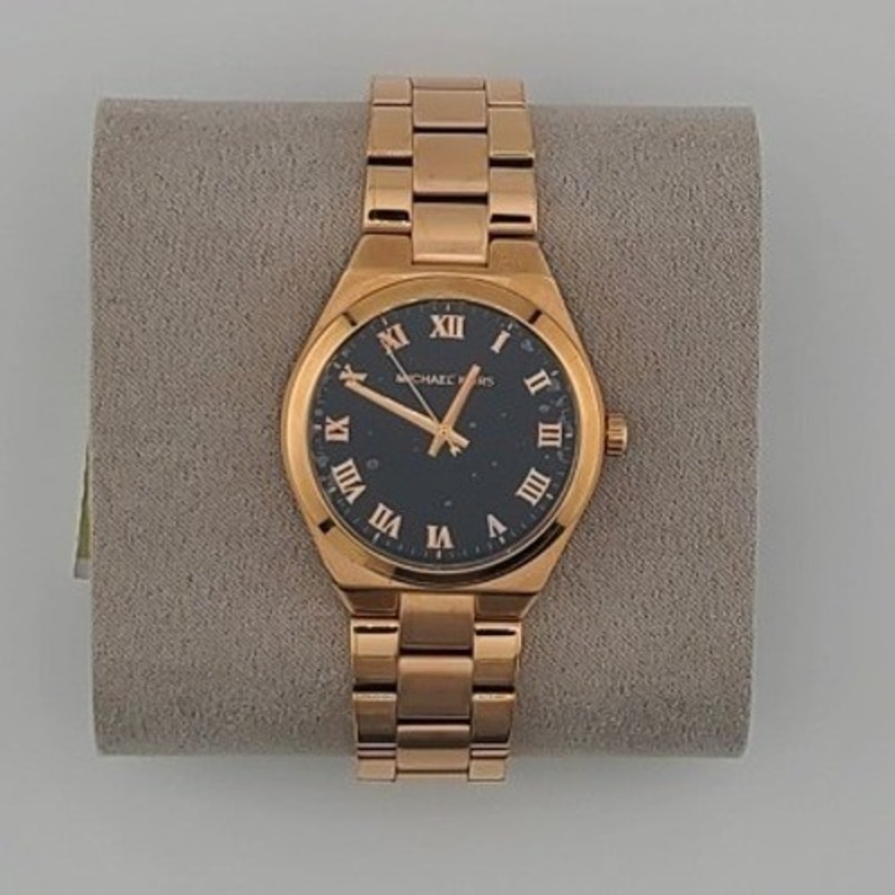 Michael Kors MK7392 Rose Gold Tone Navy Blue Dial Roman Numeral Watch NEW